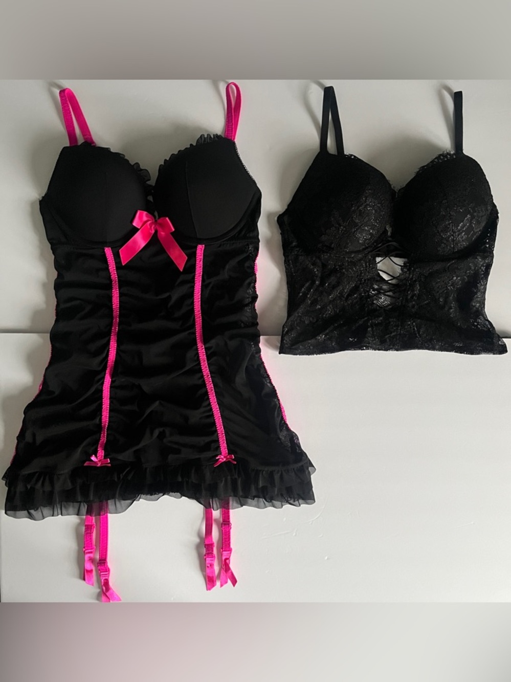 La SENZA Black + Hot Pink Push-Up Garter Chemise/Demi Push-Up Lace Bustier Lot